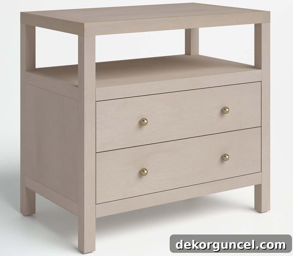 Elegant taupe 2-drawer nightstand with an open shelf, offering stylish bedside storage