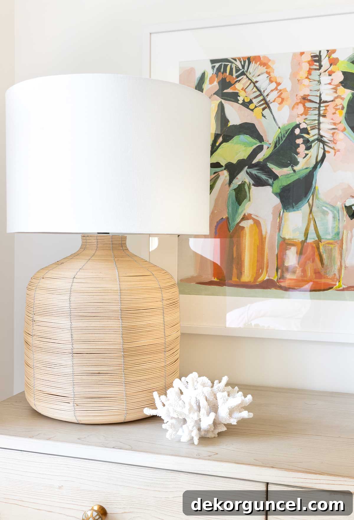 Large rattan lamp adding natural texture and warm ambiance to a bedroom setting