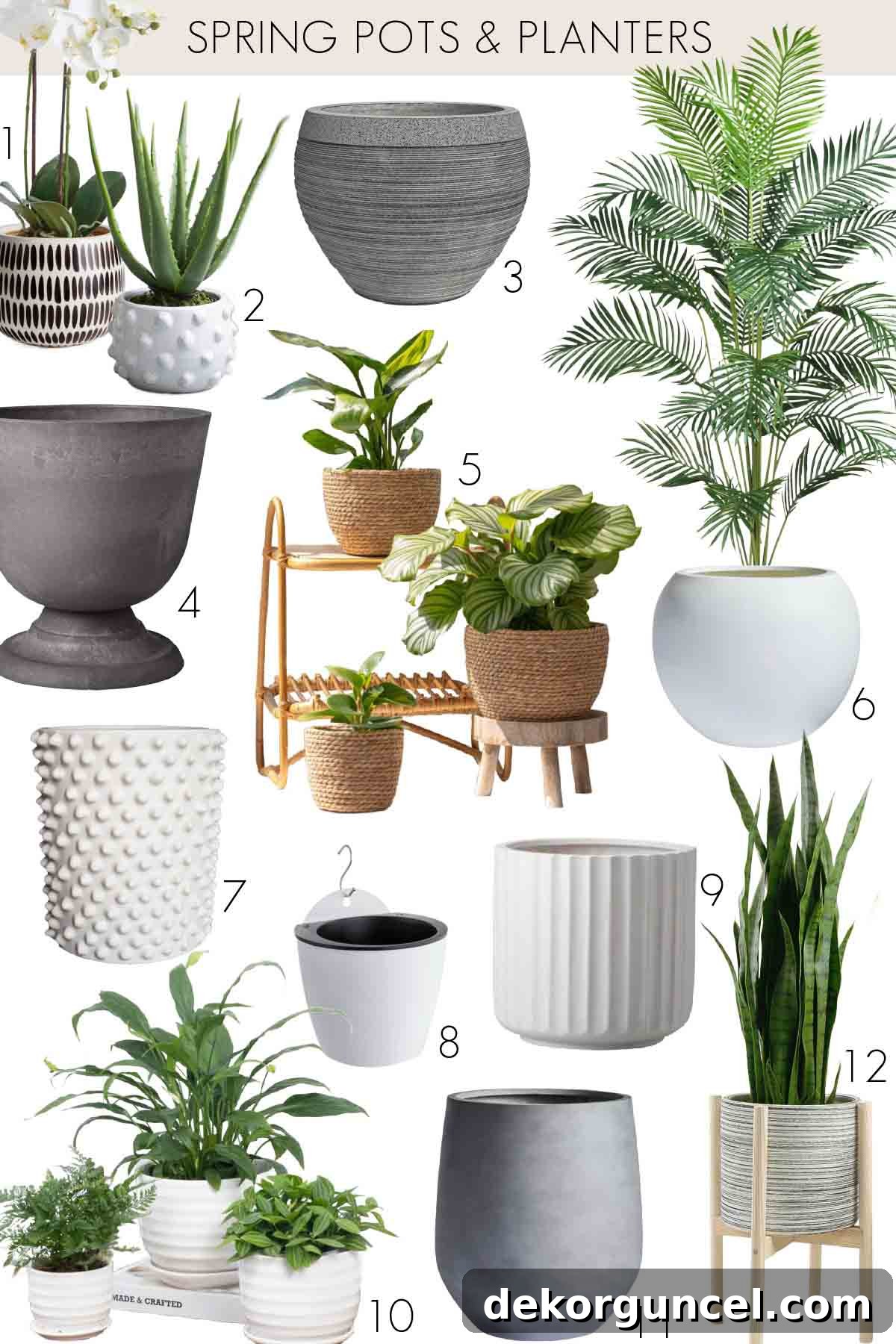 Curated collection of stylish white, black, and woven pots and planters for diverse home decor