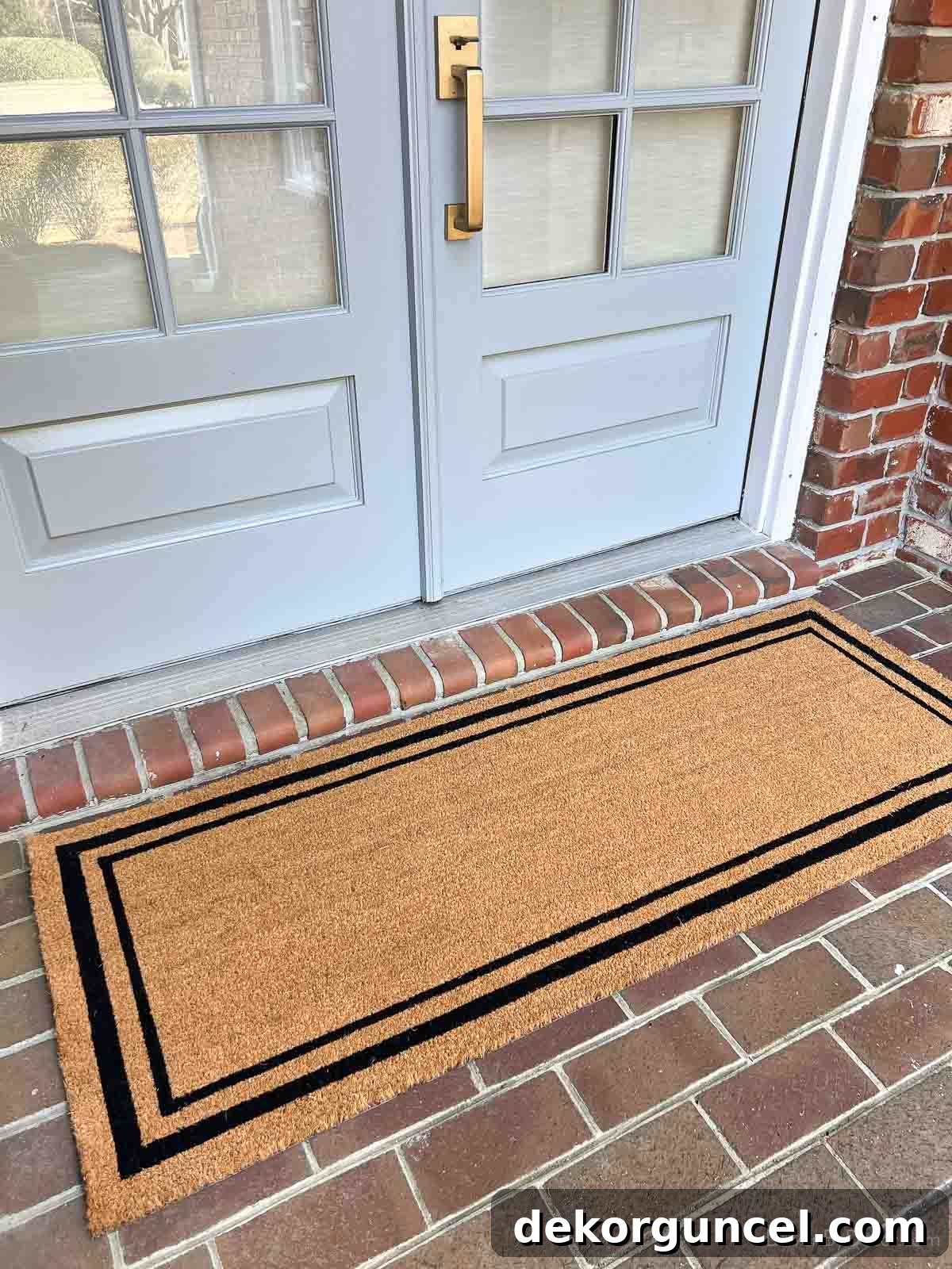 Elegant double door doormat enhancing front porch aesthetic
