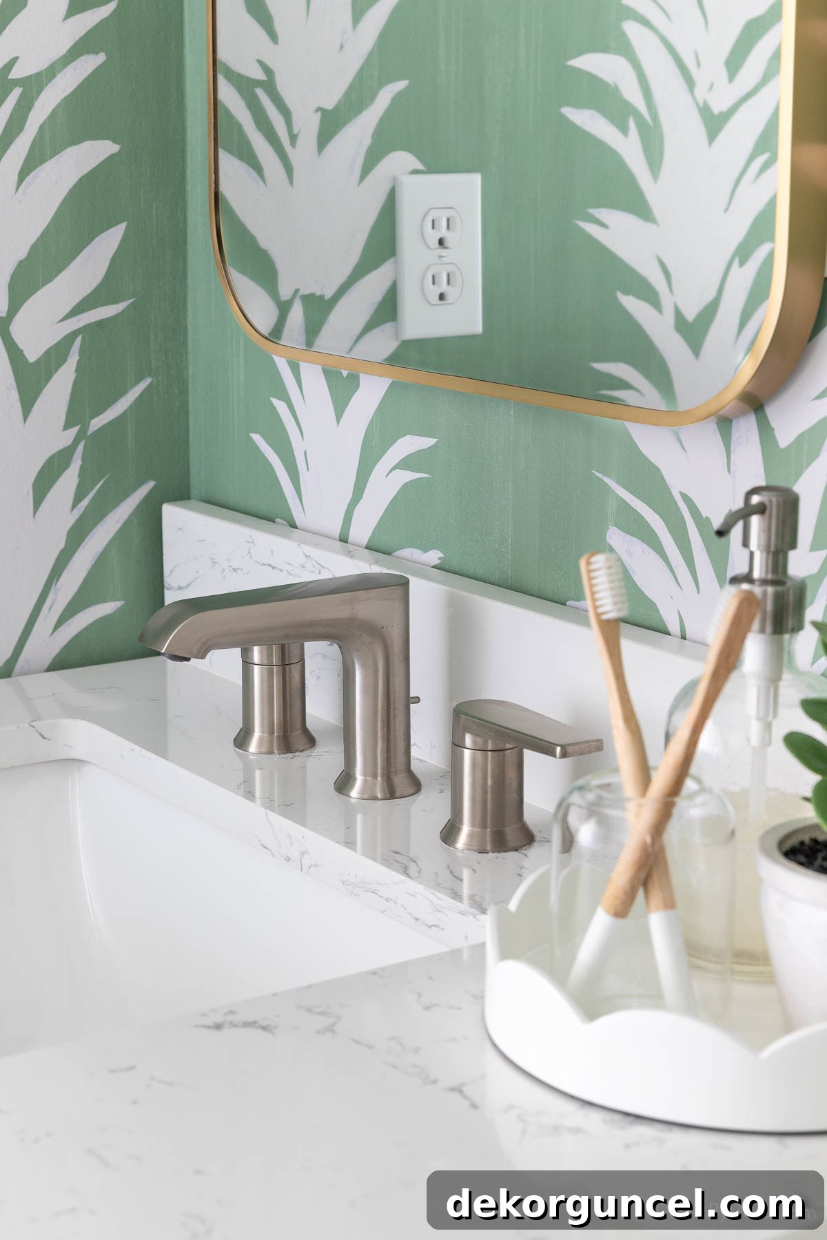 Modern brushed nickel faucets installed on the new double vanity, showcasing sleek design
