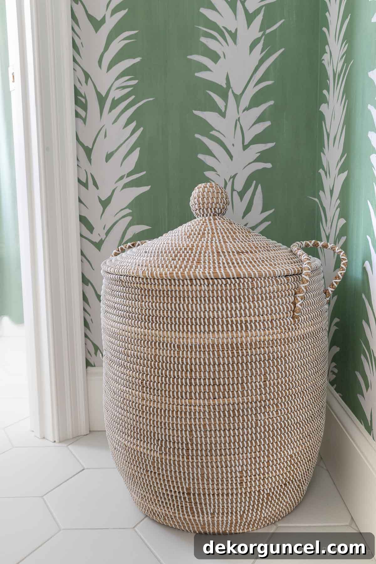 Woven lidded hamper in a bathroom corner, acting as a stylish and functional clothes hamper