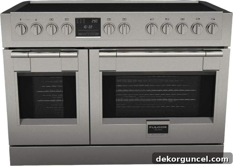 Induction Versus Gas Unlock Your Kitchens Potential 5 The sleek Fulgor Milano Sofia 48-inch pro induction range with an all-glass top, a modern appliance for contemporary kitchens.