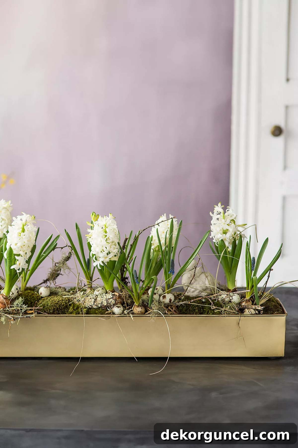 Everyday Dining Table Centerpiece Ideas 21 Elegant hyacinths planted in a gold trough, making a stunning centerpiece