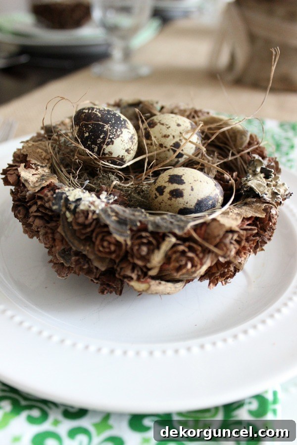 Nest with eggs as part of spring tablescape