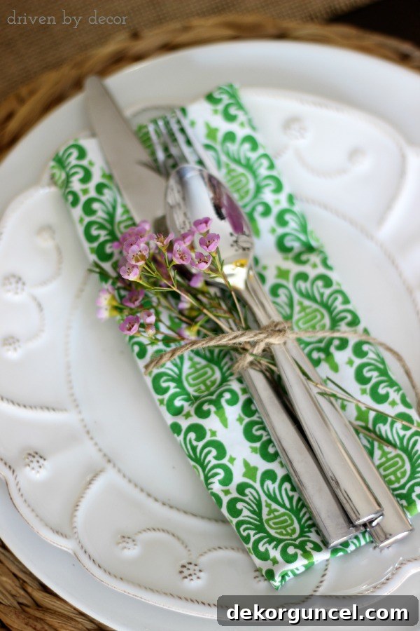 Tie a small floral spring with silverware for a simple spring placesetting