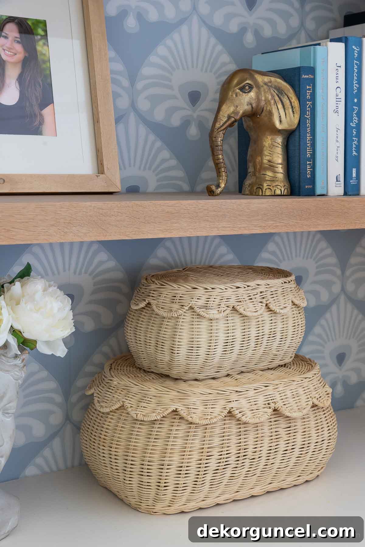 Elevate Your Bedside Style 8 Stacked scalloped baskets for stylish storage