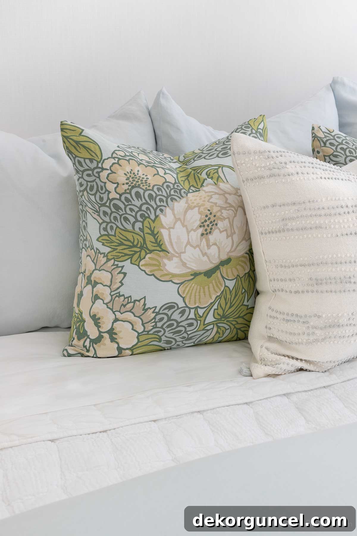 Light blue Euro shams, patterned pillows, and white textured pillows on bed