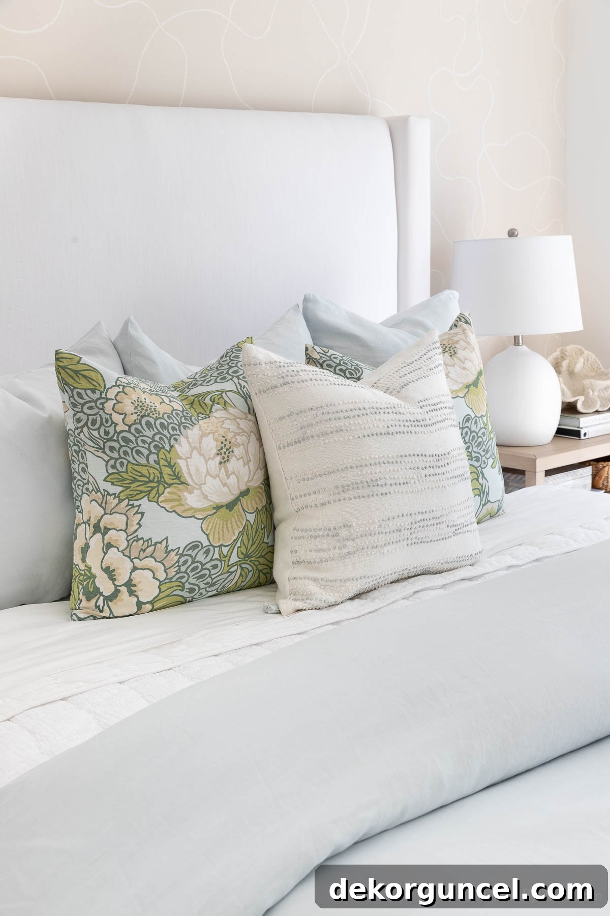 Decorative pillows in light blue bedroom
