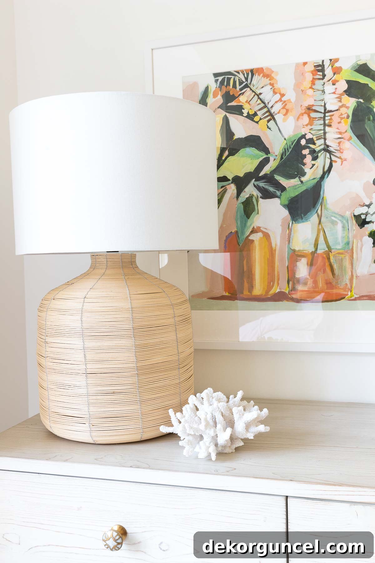 Oversized rattan lamp on our bedroom dresser