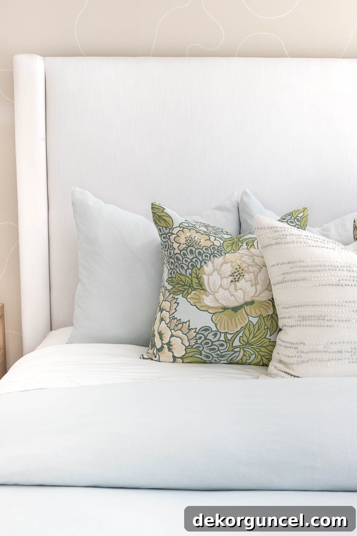 Upholstered white bed using performance fabric