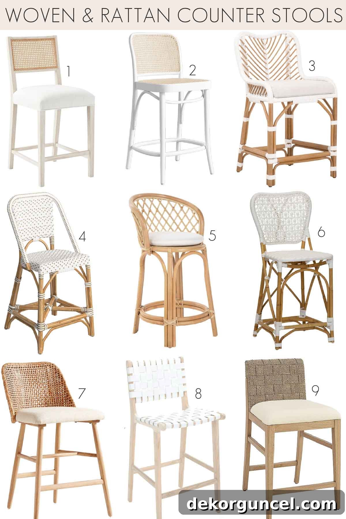 Kitchen Remodel Ideas and Products 13 Selection of woven rattan counter stools, showcasing various styles and textures for kitchen islands