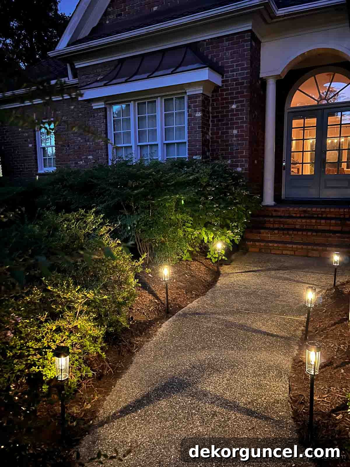 10 Smart Buys for Affordable Home Style 16 A series of solar walkway lights gracefully lining the path to a front door, providing warm illumination.
