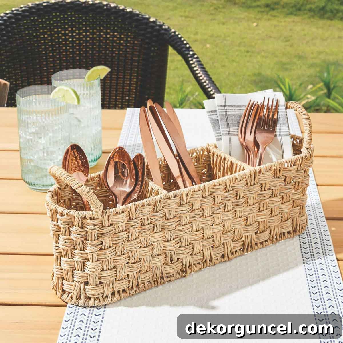 10 Smart Buys for Affordable Home Style 4 An affordable woven caddy, perfect for keeping silverware and napkins organized and accessible.