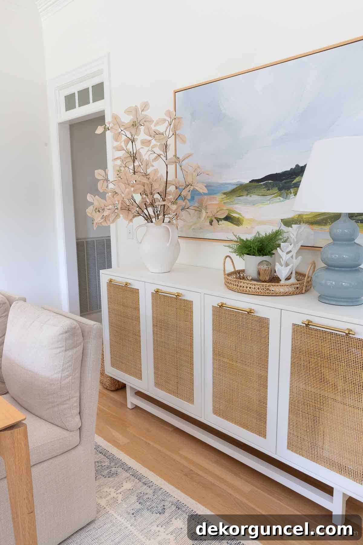 Dining room console with stylish woven rattan doors