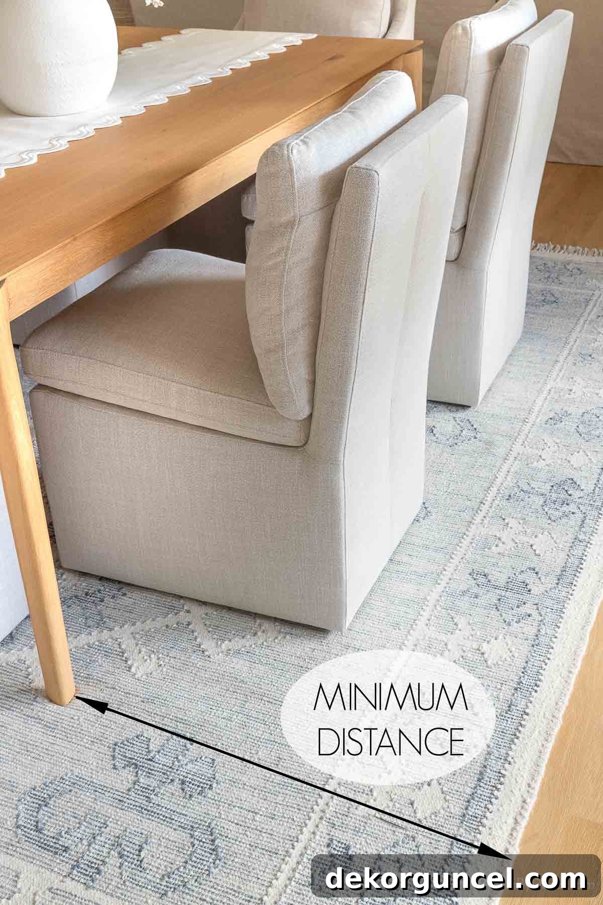 Diagram illustrating minimum distance from table to edge of dining room rug