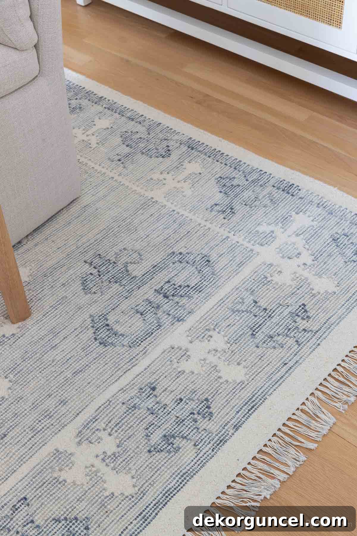 Detail of blue and white flatweave rug texture