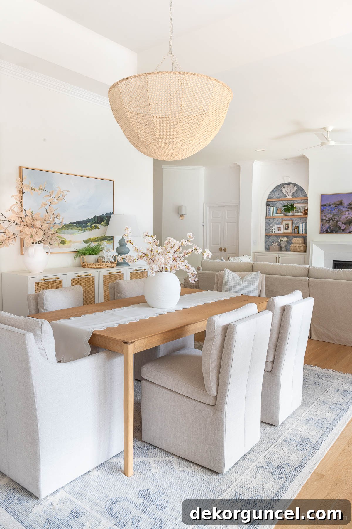 Elegant dining room with area rug and design elements