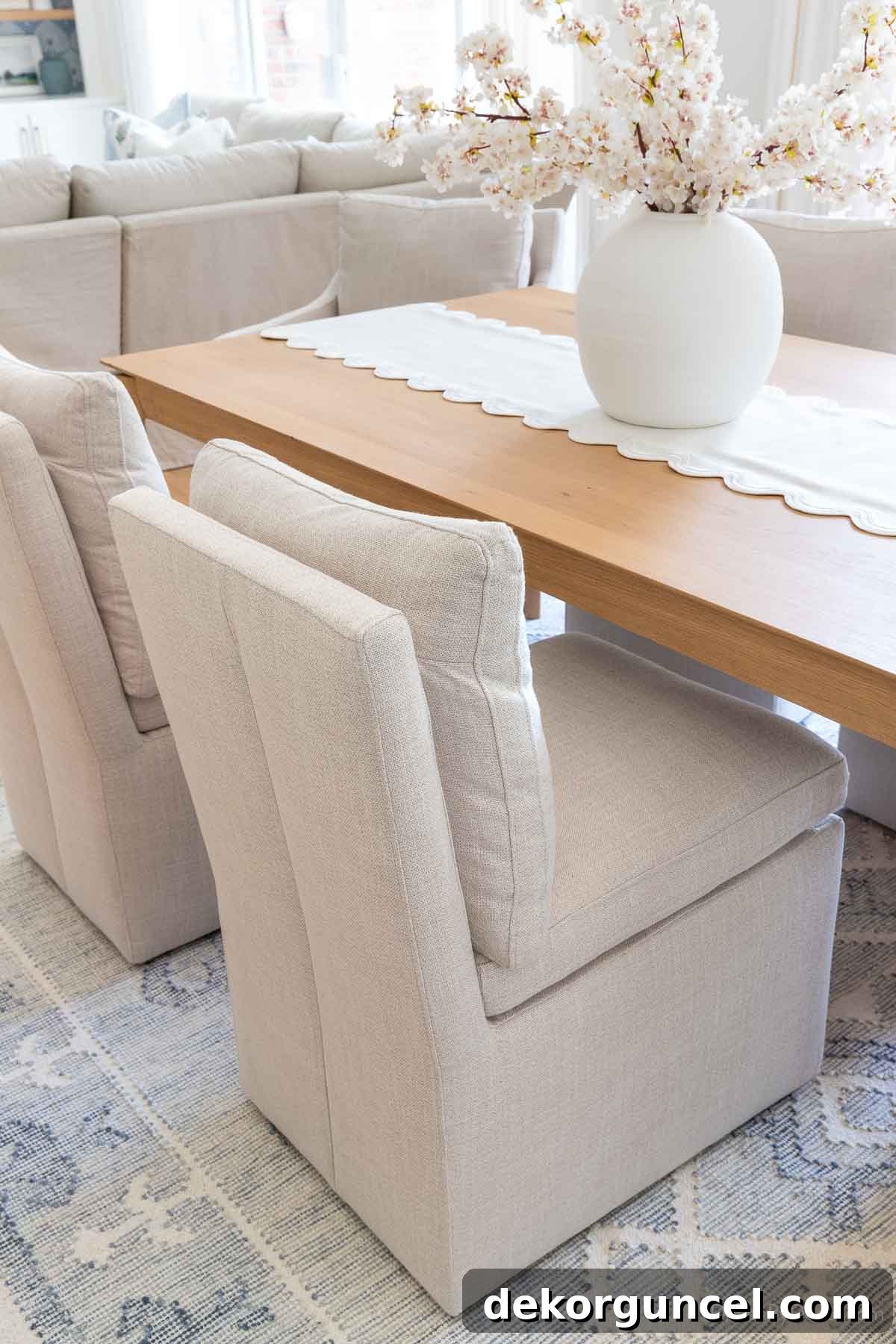 Comfortable upholstered dining room chairs with casters