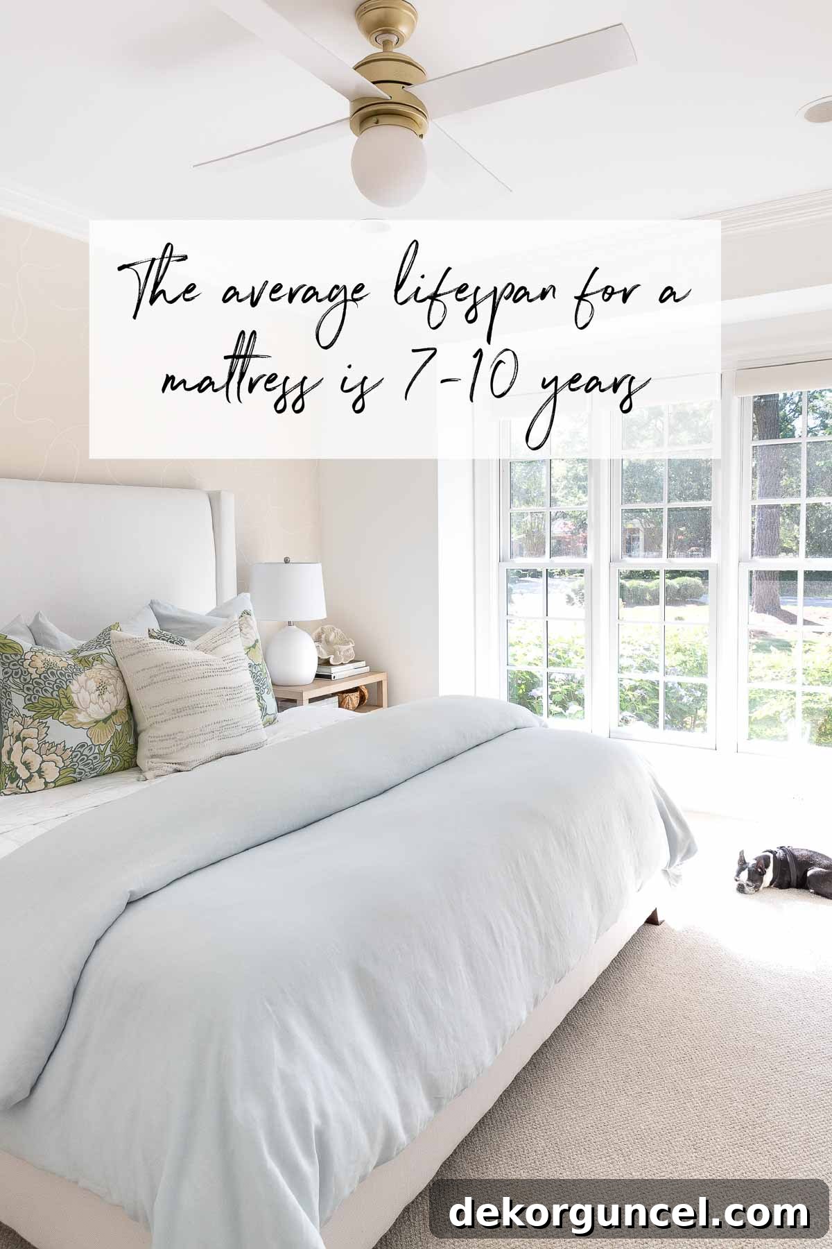 Your Complete Mattress Guide: Shopping, Cleaning, and Care 2 Bedroom with king bed and text saying the average lifespan for a mattress is 7-10 years