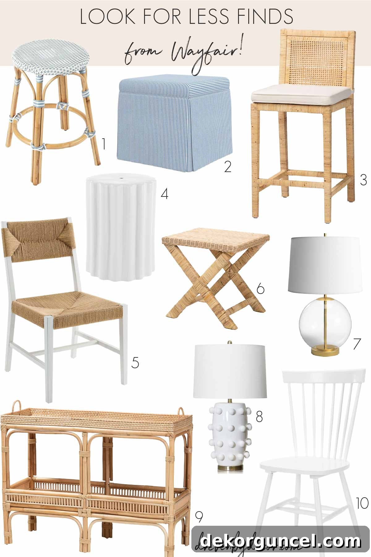 Wayfair look for less deals, featuring various furniture and decor items.