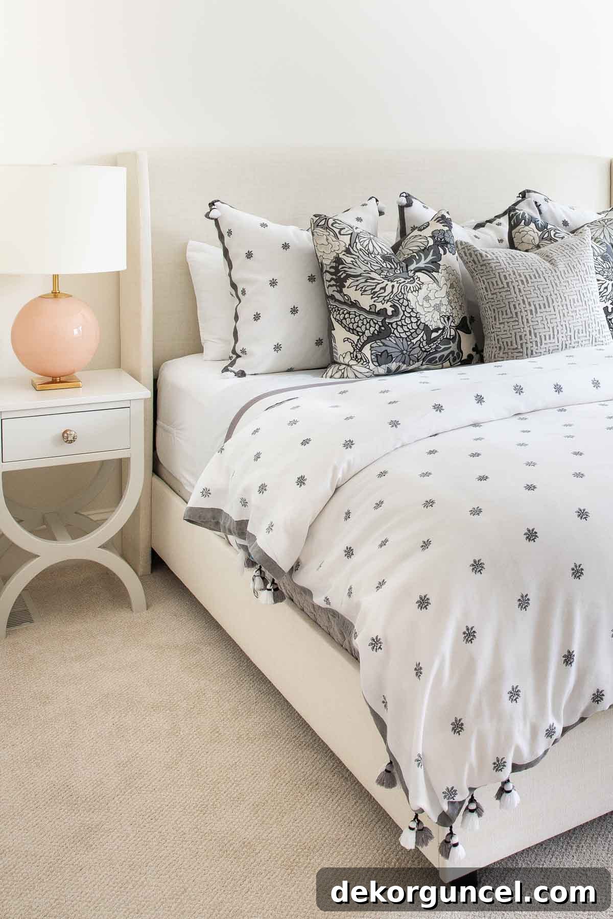 Bedroom nightstand and upholstered bed