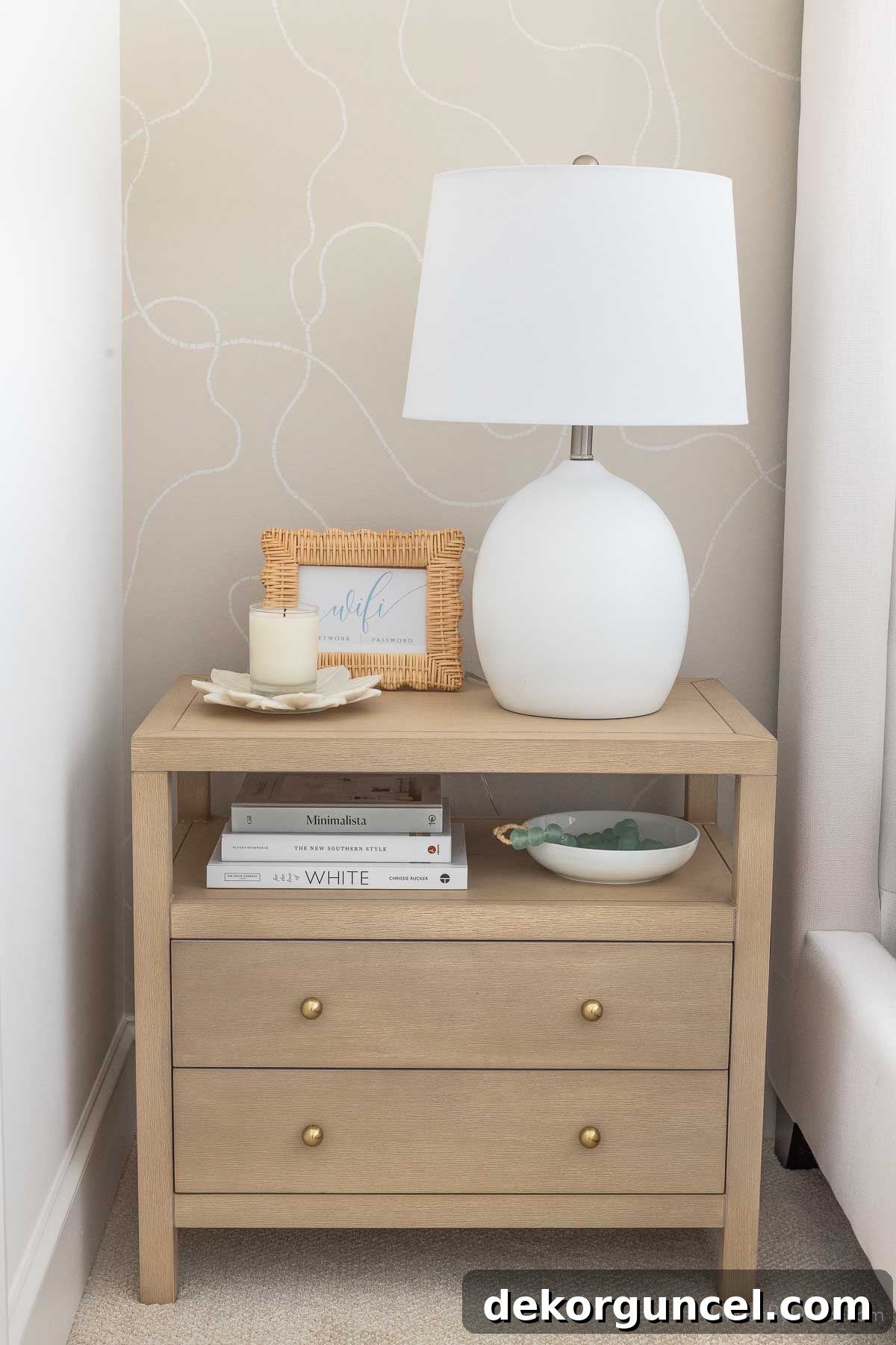 Taupe bedroom nightstand with shelf and two drawers