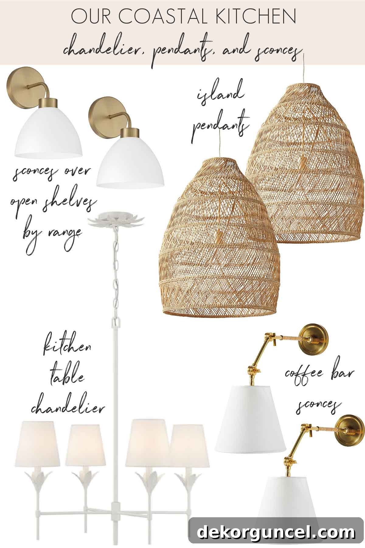 A cohesive coastal kitchen lighting plan featuring matte white, brass, and rattan elements, including island pendants, range sconces, and coffee bar sconces.