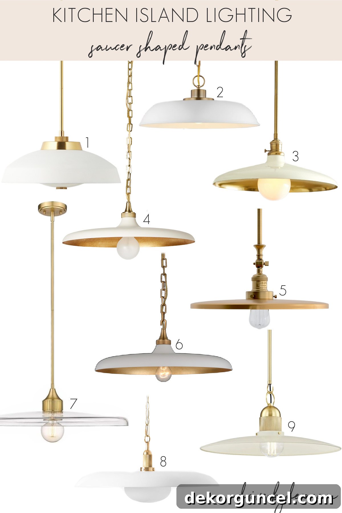 A curated selection of saucer-shaped kitchen pendants in various finishes and materials, including matte white, gold, and glass.