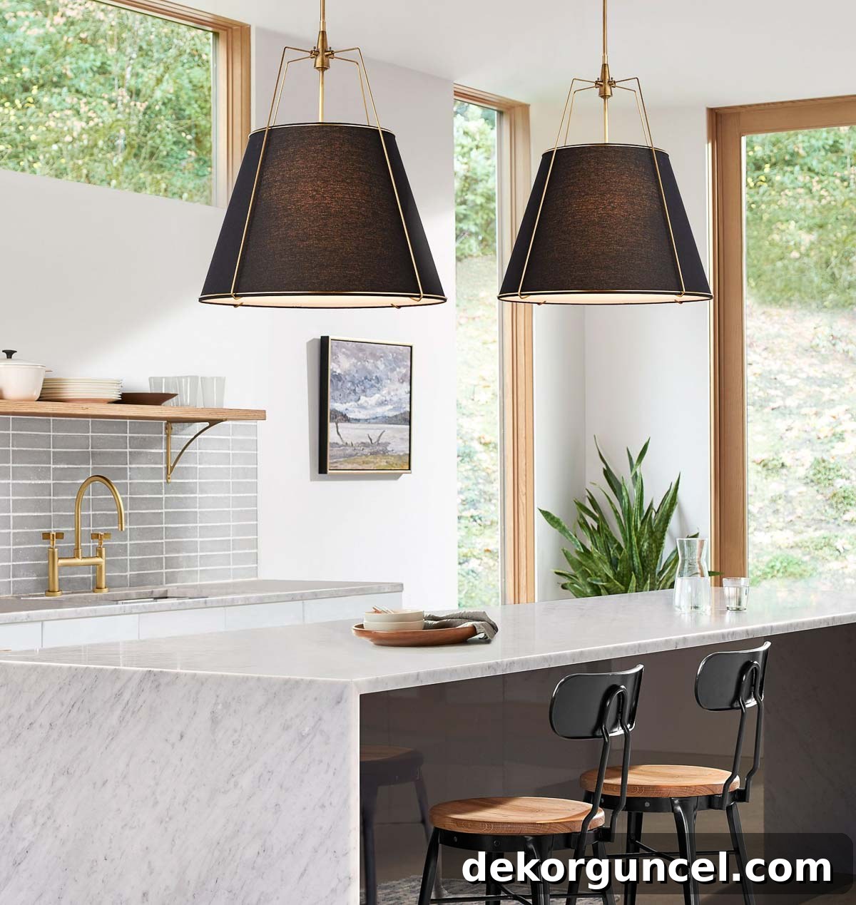 A pair of striking drum-shaped black linen cone pendants suspended over a kitchen island, offering both light and modern style.
