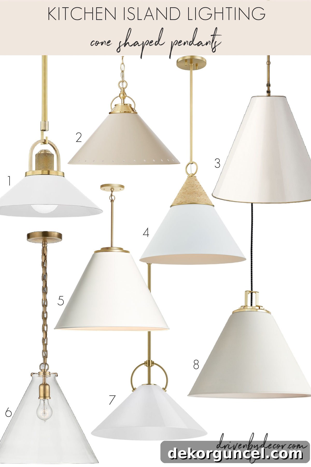 A diverse collection of cone pendants suitable for kitchen island lighting, featuring various materials like glass, rope, and metal.