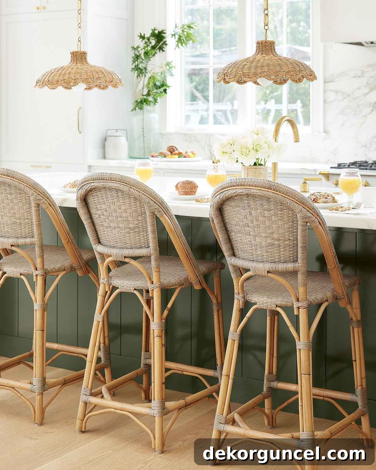 Two elegant woven scalloped pendants gracefully hanging over a kitchen island, perfect for coastal-inspired spaces or lower ceilings.