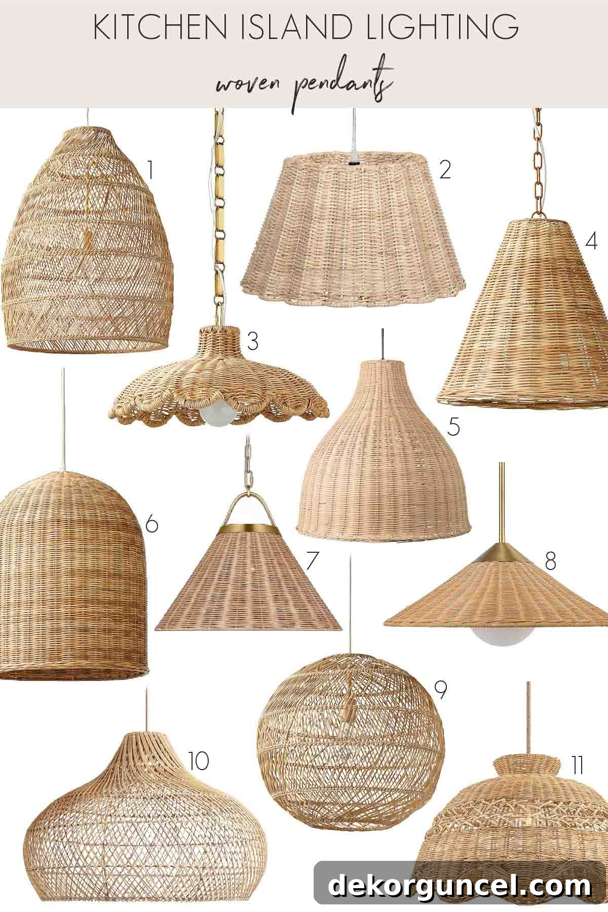 A diverse array of woven pendant lighting options for kitchen islands, showcasing various shapes, weaves, and natural materials.
