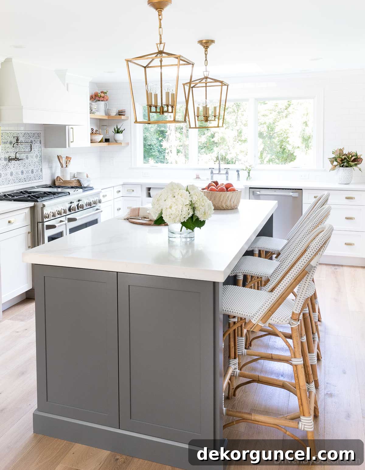 A classic kitchen layout featuring a center island adorned with two small lantern pendants, illustrating their timeless and versatile appeal.