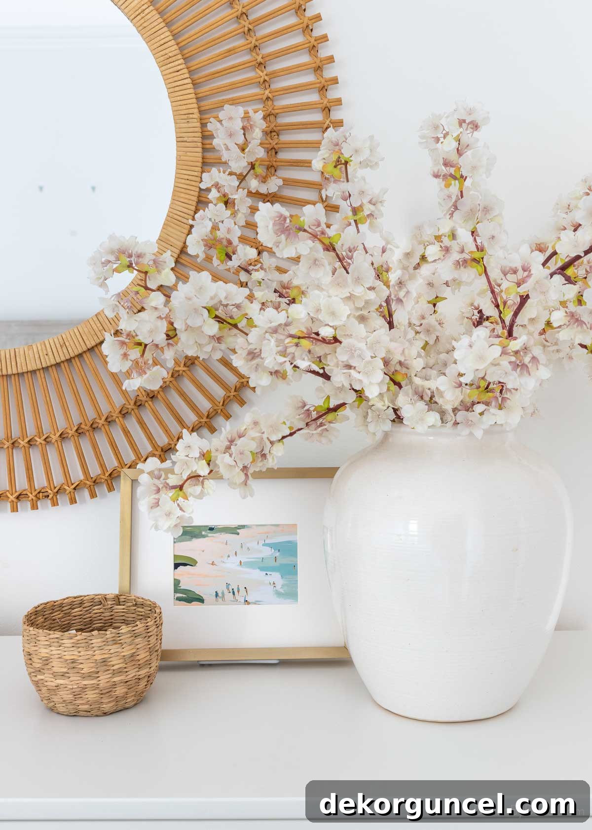 Easy Dresser Styling Ideas 10 Faux cherry blossoms in white vase on dresser