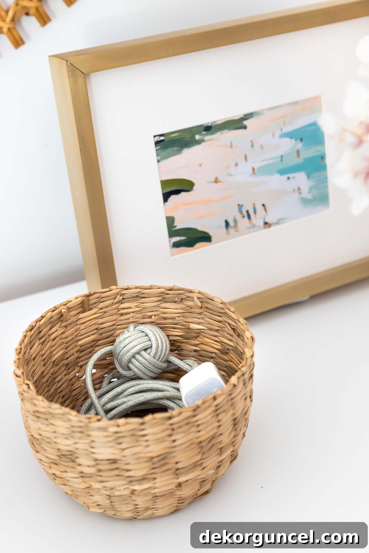 Easy Dresser Styling Ideas 14 Charging cord in small basket on dresser