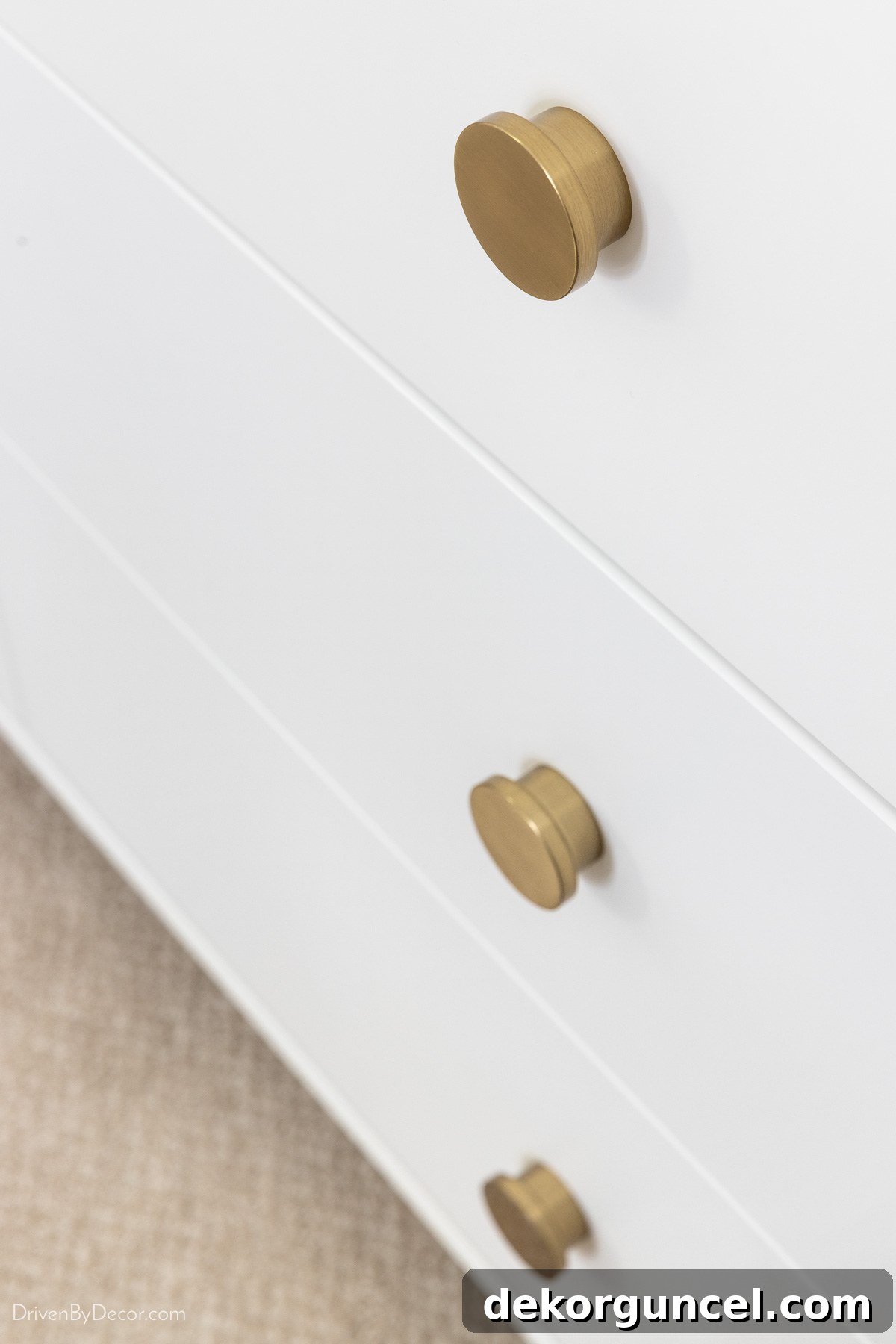 Easy Dresser Styling Ideas 3 Modern brass knobs on a white dresser