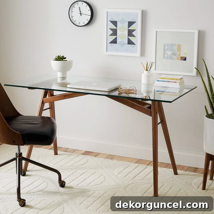 Loving this classic, clean-lined wood base desk with glass top!