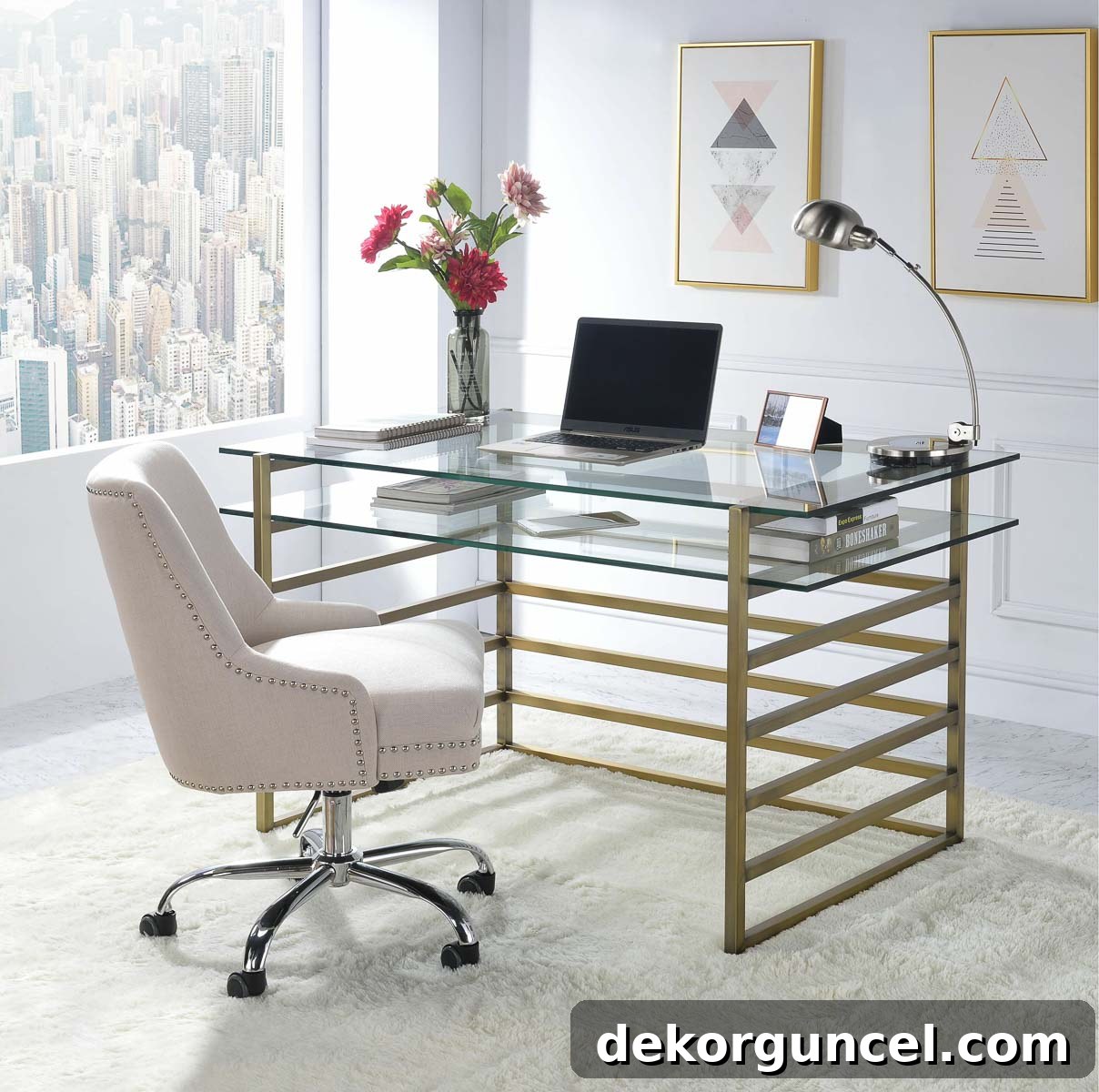 Modern glass top desk with brass base and glass shelf