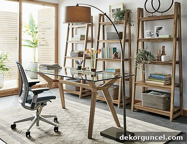 LOVE this gorgeous glass top desk - I'm crushing on that wood base with the brass accents!