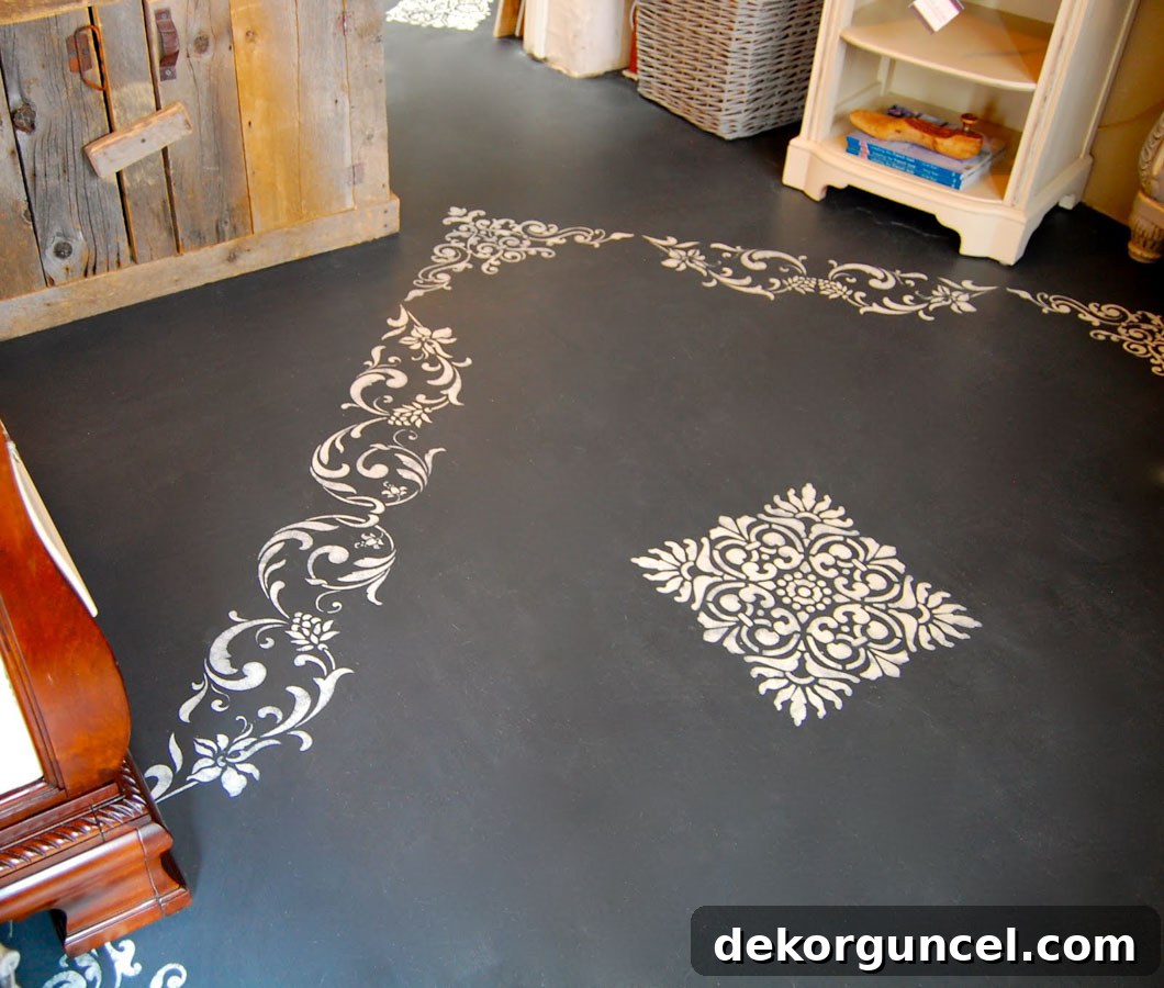 Stunning chalk paint concrete floor in Graphite with an Old White stencil pattern, sealed with Annie Sloan Lacquer, from Shades of Amber.