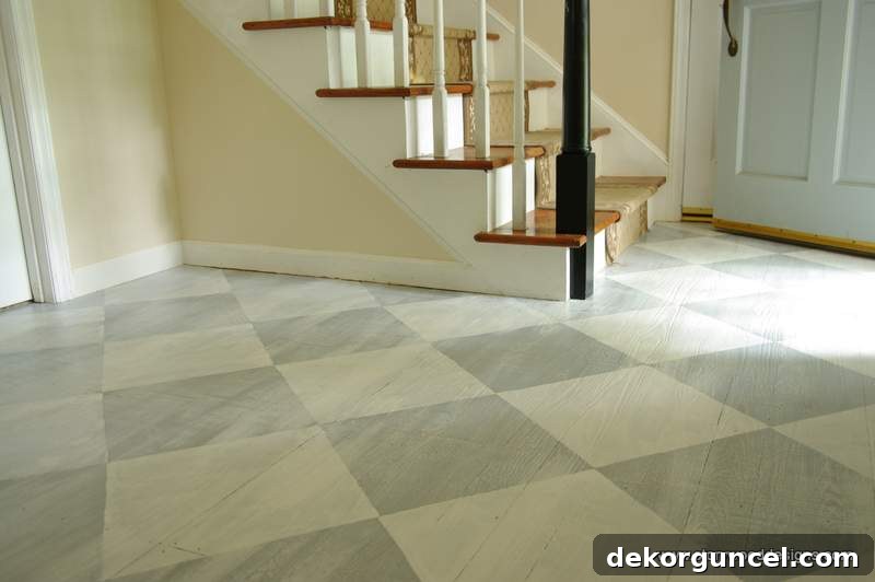 Beautiful checkerboard pattern on hardwood floors using Annie Sloan Chalk Paint in Paris Grey, Louis Blue, and Pure White, sealed with lacquer, by Storywood Designs.