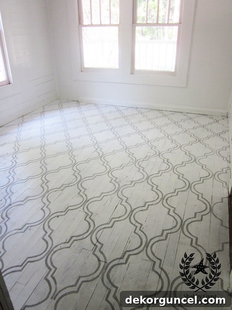 Elegant Paris Grey chalk paint floor with a lattice stencil design, finished with floor wax for a naturally distressed look, from Shabby Coast Cottage.