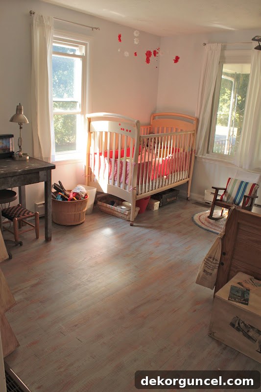 Unique distressed look on hardwood floors using a chalk paint wash, sealed with polyurethane, by VanHook & Co.