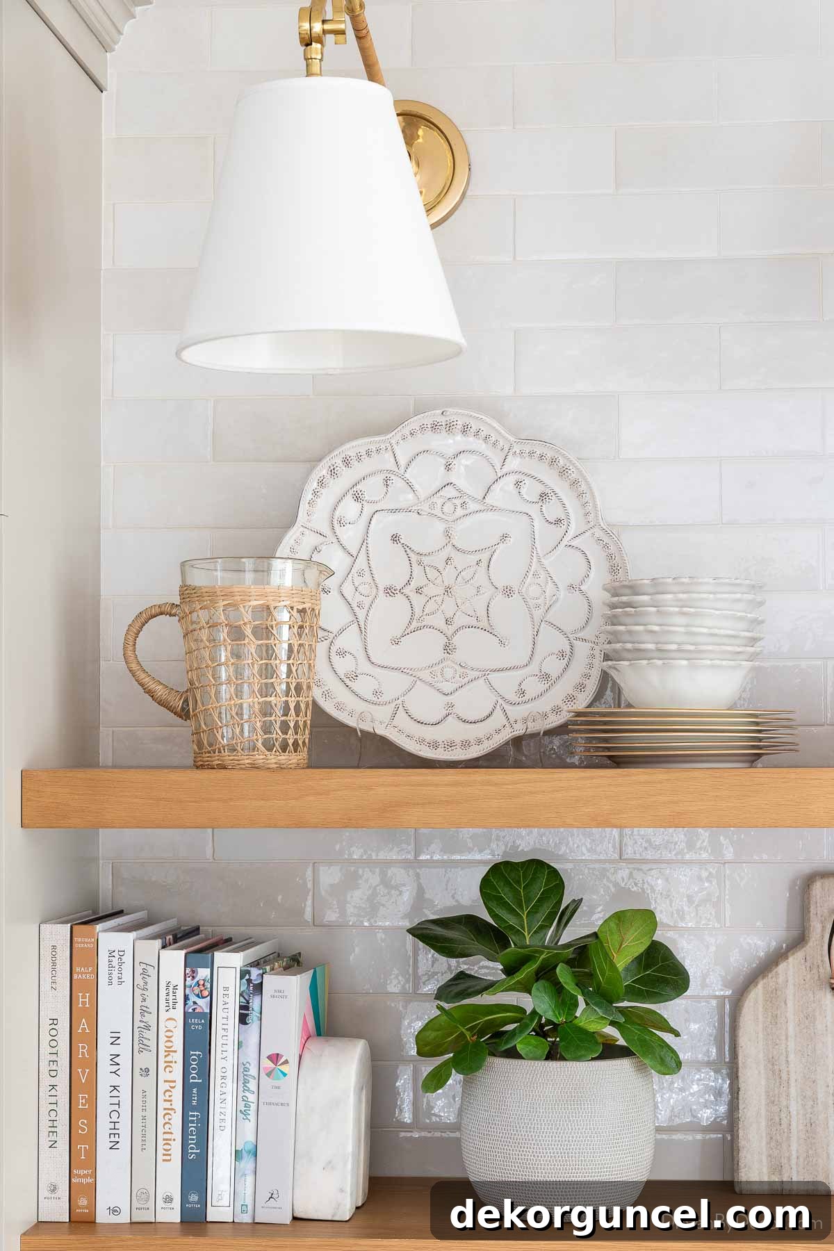 Our Kitchen's Cozy Coffee Corner 15 Floating shelves on our kitchen coffee bar adorned with elegant serving pieces