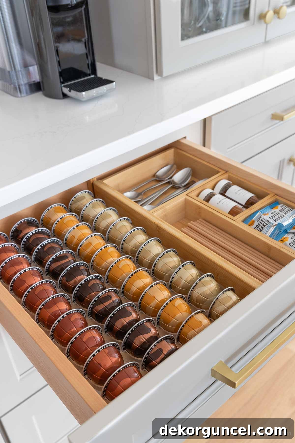 Our Kitchen's Cozy Coffee Corner 20 Organized kitchen coffee bar storage, showcasing neatly arranged coffee pods in a drawer