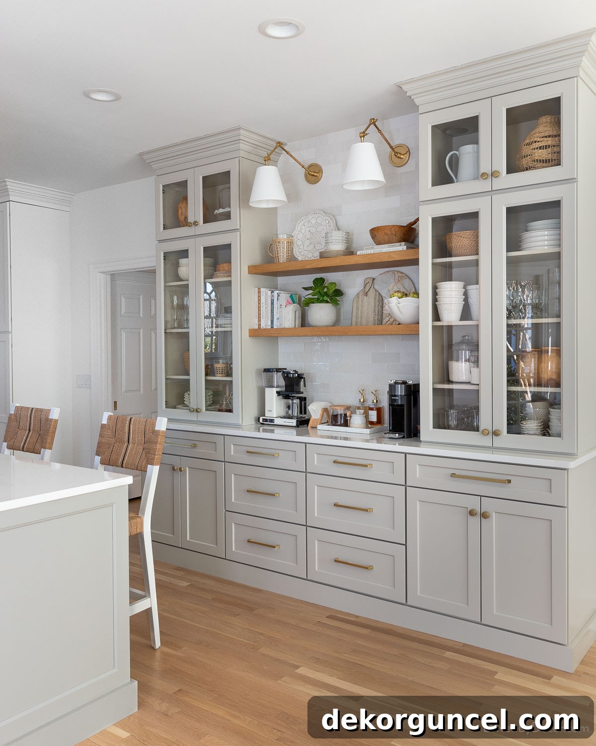 Our Kitchen's Cozy Coffee Corner 3 Remodeled kitchen coffee bar featuring elegant gray cabinets and stylish floating wood shelves