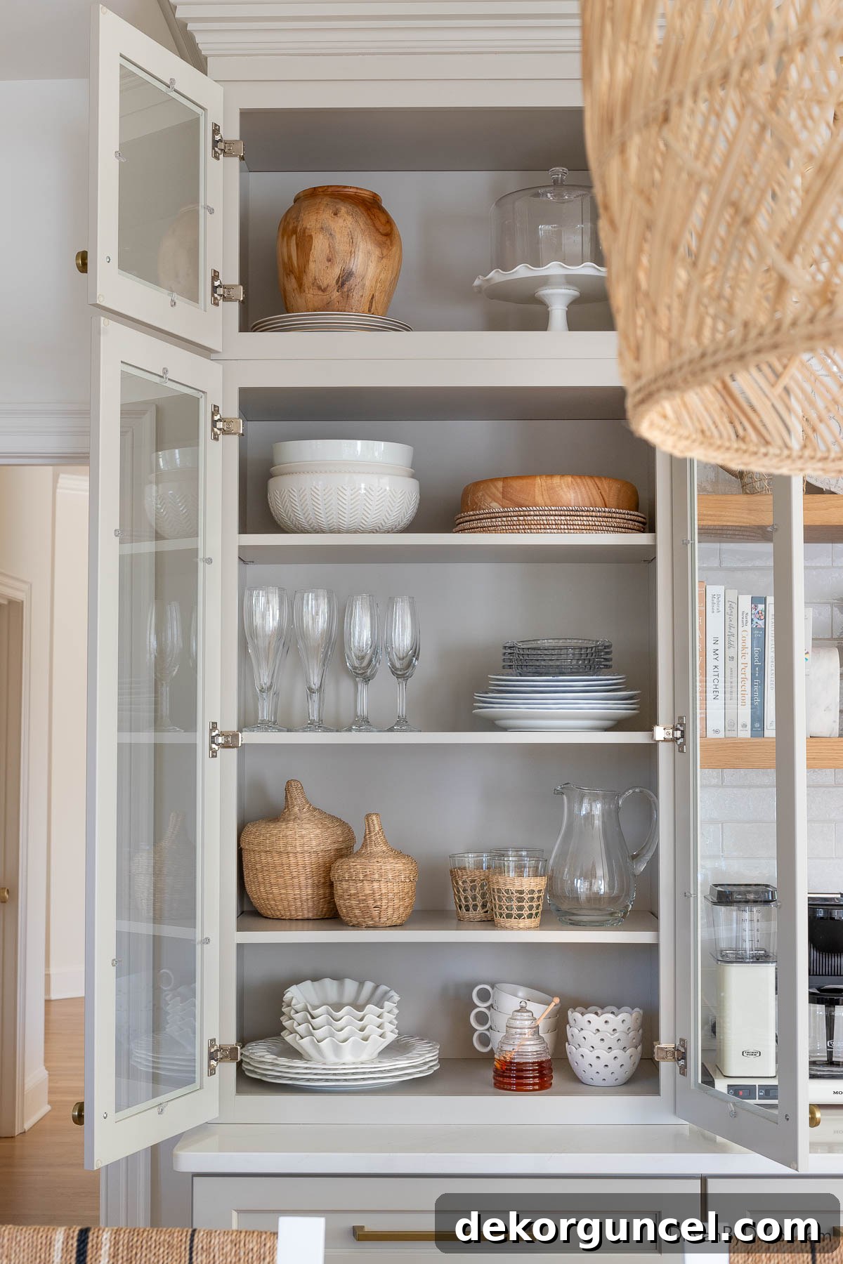 Our Kitchen's Cozy Coffee Corner 9 The upper glass cabinets of our kitchen coffee bar, beautifully organized
