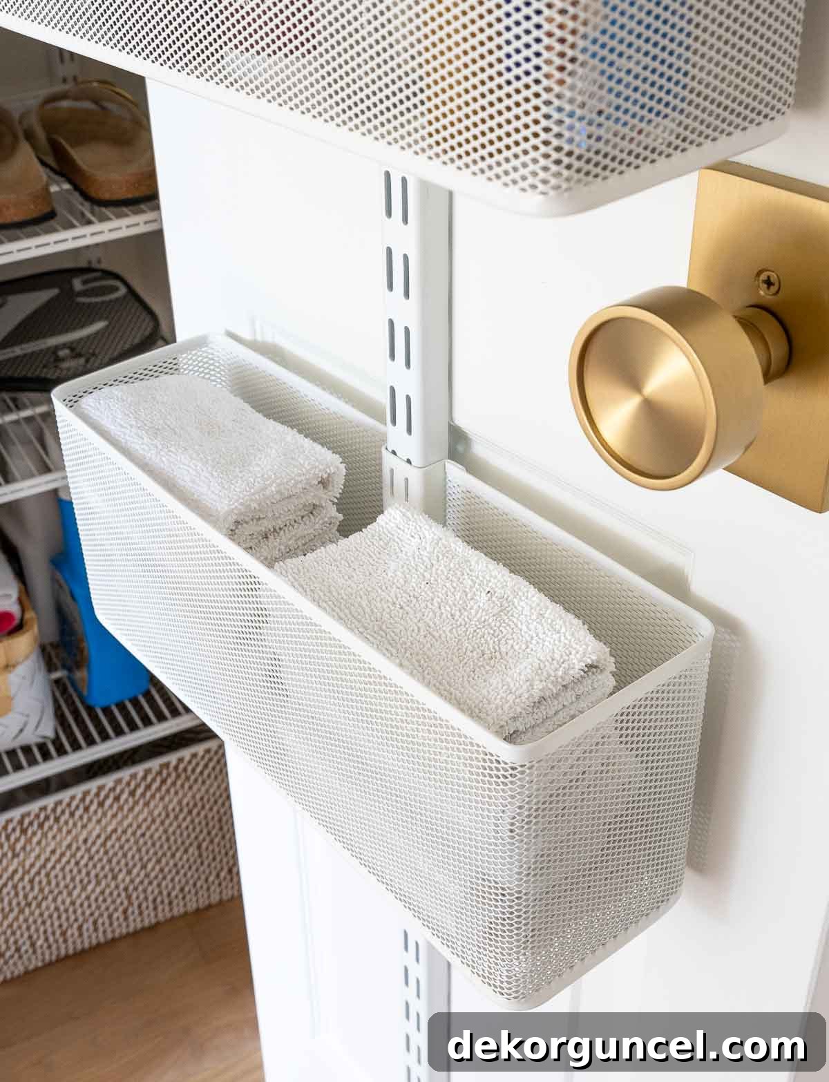 Declutter Your Home From Laundry Room Closet to Versatile Door Storage 17 Mesh Elfa hanging basket with cleaning cloths