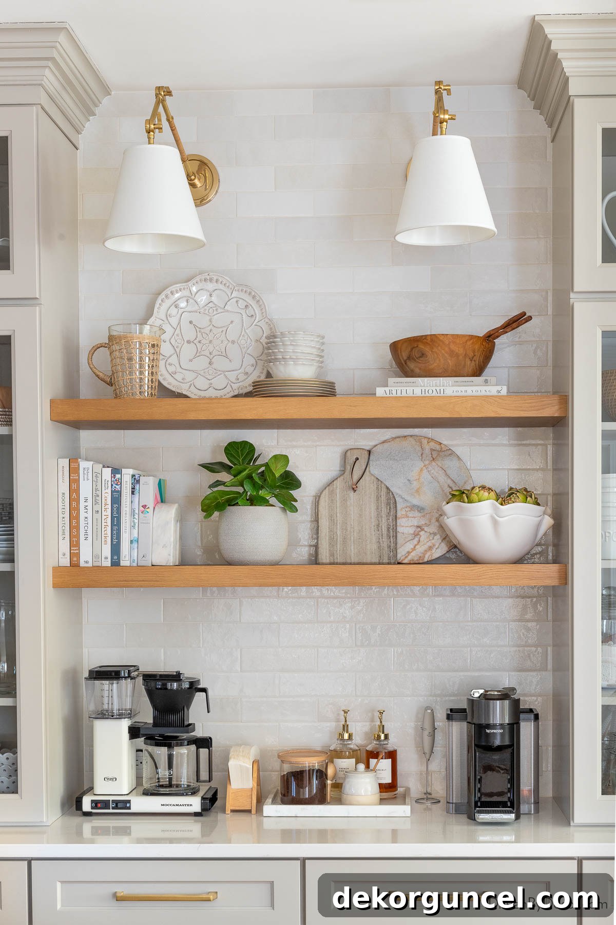 Kitchen coffee bar decor featuring two deep floating wood shelves between tall cabinets